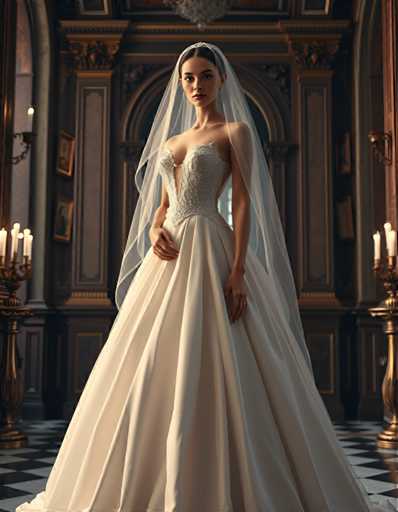 A woman is standing in front of a grand room with a high ceiling and ornate decorations. She is wearing a white wedding dress that falls just below her knees, and she has a veil on her head. The room features a chandelier hanging from the ceiling, adding to the opulence of the setting.