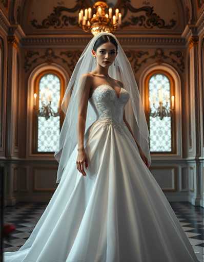 A woman is standing in front of a large window with white curtains and gold trim. She is wearing a long white wedding dress that falls down to her knees, and she has a veil on her head. The room appears to be a grand hall or ballroom, possibly part of an old palace or castle.