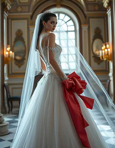 A woman is standing in front of a window with her back turned towards the camera. She is wearing a white wedding dress and holding a red ribbon in her hand. The room has gold accents and a chandelier hanging from the ceiling.