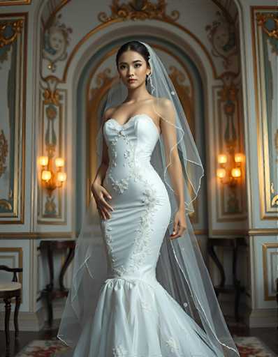 A woman is standing in front of a large archway with gold accents and a painting on the wall behind her. She is wearing a white strapless gown with a train that flows down to her feet, and a veil covering her hair. The room has a high ceiling and ornate decorations, creating an elegant atmosphere.
