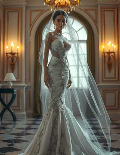 A woman is standing in front of a window with white curtains and gold accents, wearing a long white wedding dress with intricate beading and a veil that falls over her shoulders. The room has a high ceiling and ornate decorations, creating an elegant atmosphere.