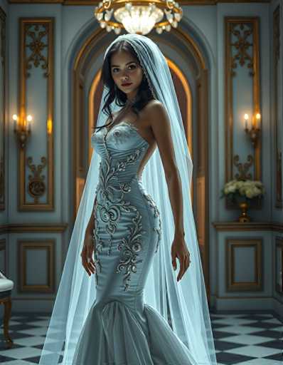 A woman is standing in front of a large archway with gold accents and a chandelier hanging from the ceiling. She is wearing a blue dress with white flowers on it and a veil over her head. The room has a checkered floor and walls painted in a light blue color, creating an elegant atmosphere.