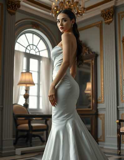A woman is standing in front of a window with her back turned towards the camera. She is wearing a white dress that falls elegantly down to her knees and has long hair cascading down her shoulders. The room she stands in appears to be a luxurious setting, possibly a ballroom or a similar upscale venue. A chandelier hangs from the ceiling, casting light onto the scene below.