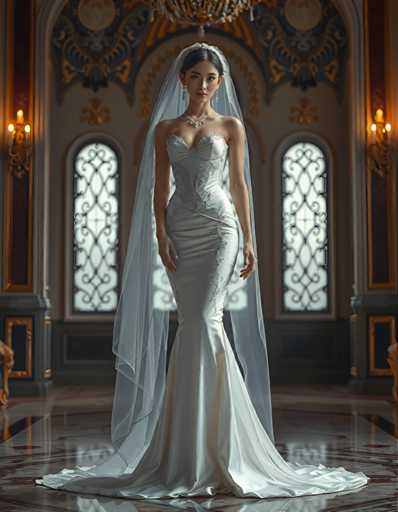 A woman is standing in front of a large window with intricate designs and gold accents. She is wearing a white wedding dress that falls just below her knees, and she has a veil on her head. The room around her features ornate decorations, including a chandelier hanging from the ceiling.