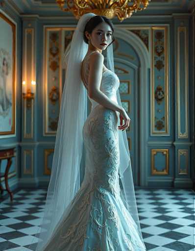 A woman is standing in front of a blue and gold chandelier with a white veil on her head. She is wearing a long, elegant white wedding dress with intricate beading and lace detailing. The room has a checkered floor that matches the color scheme of the chandelier, creating a harmonious visual effect.