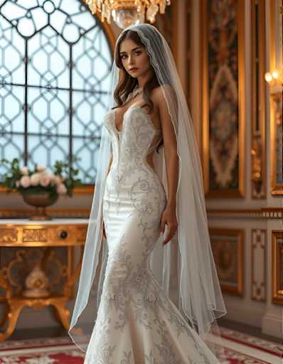 A woman is standing in front of a window with gold trim and a floral pattern. She is wearing a white wedding dress with a train that flows down the back and a veil on her head. The room has a chandelier hanging from the ceiling and a table draped with a red tablecloth, which appears to be adorned with flowers.
