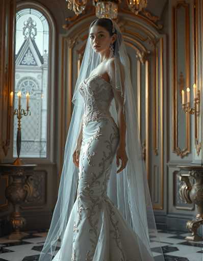 A woman is standing in front of a window with gold trim and a chandelier, wearing a white wedding dress with intricate beading and a veil that falls over her shoulders.