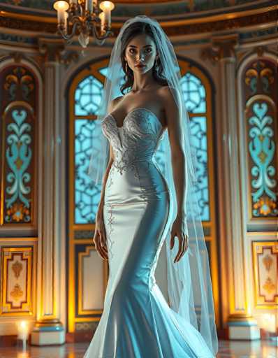 A woman is standing in front of a large window with intricate designs and gold accents. She is wearing a white strapless gown with a veil that falls over her shoulders. The window behind the woman has a similar design to the one she's looking at.