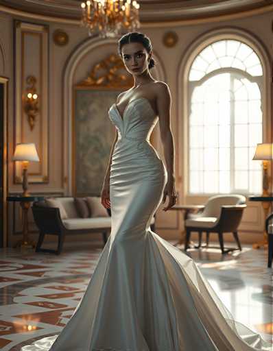 A woman is standing in front of a large window with white curtains and gold accents, wearing a long white wedding dress that falls down to her knees. The room has a high ceiling and ornate decorations, including a chandelier hanging from the center of the room.