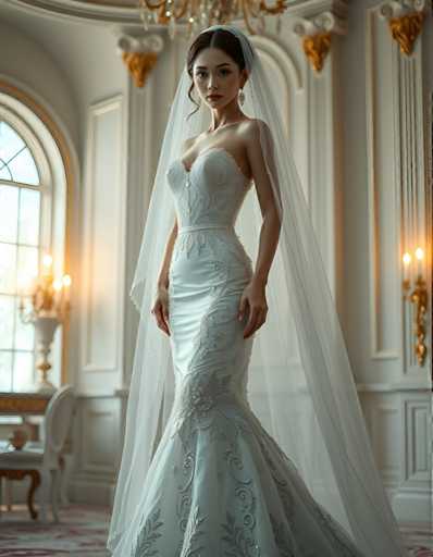 A woman is standing in front of a window with white curtains and gold accents. She is wearing a long white wedding dress with intricate beading and lace detailing on the bodice and skirt. The bride's hair is styled in an elegant updo, and she is wearing earrings that complement her attire.