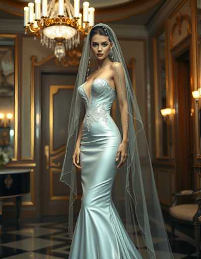 A woman is standing in front of a mirror wearing a long white wedding dress with a veil and gold accents. The room has a chandelier hanging from the ceiling and a wooden door on one side.