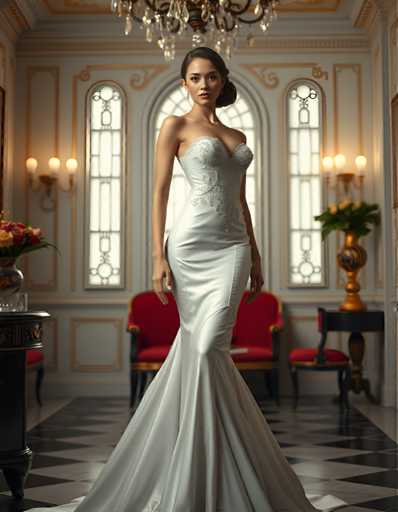 A woman is standing in front of a large window with gold trim and a chandelier hanging from the ceiling. She is wearing a white strapless wedding dress that falls just below her knees. The room has black and white checkered flooring and a red chair placed next to it, creating an elegant setting for the bride's photo shoot.