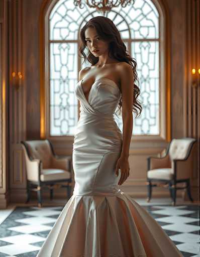 A woman is standing in front of a large window with intricate stained glass designs and wearing a white strapless gown that falls just below her knees. She has long hair cascading down her back and is positioned on the left side of the image. The room she stands in appears to be a grand, opulent space, possibly a ballroom or a similar venue for formal events.