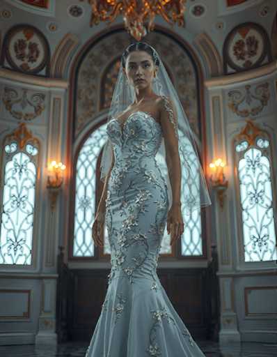A woman is standing in front of a large window with intricate gold designs and a chandelier hanging from the ceiling. She is wearing a long, flowing blue dress adorned with white flowers on the bodice and a veil covering her hair. The room has high ceilings and ornate decorations, creating an atmosphere of elegance and grandeur.