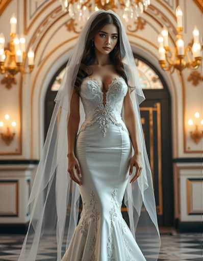 A woman is standing in front of a grand room with an archway and chandeliers. She is wearing a white wedding dress with intricate beading and a veil that falls over her shoulders. The room has a high ceiling and ornate decorations, creating an elegant atmosphere.