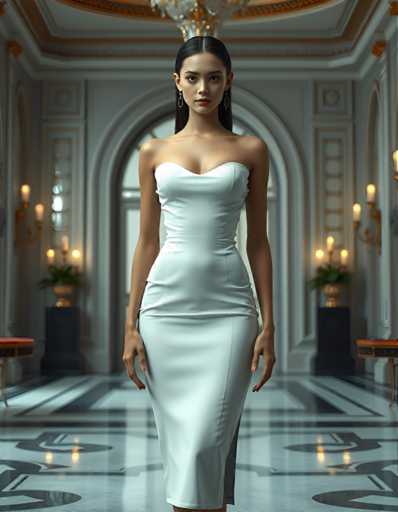 A woman is standing in an opulent room with a high ceiling and large windows that allow natural light to flood the space. She is wearing a white strapless dress with a low neckline and long sleeves, paired with black heels. The room features a chandelier hanging from the ceiling and two potted plants placed on either side of her.