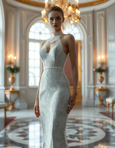 A woman is standing in front of a large window with gold trim and a chandelier hanging from the ceiling. She is wearing a white dress with a high neckline and a corseted bodice that features a lace overlay on the bust area. The floor beneath her feet has a geometric pattern, adding an artistic touch to the scene.
