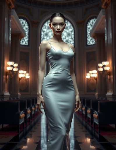 A woman is standing in an ornate room with a high ceiling and large windows that allow natural light to flood the space. She is wearing a long, flowing white dress that cascades down to her feet, and she has her hands placed on her hips as if posing for the camera. The room features a marble floor and walls adorned with intricate patterns, adding an air of elegance and grandeur to the scene.