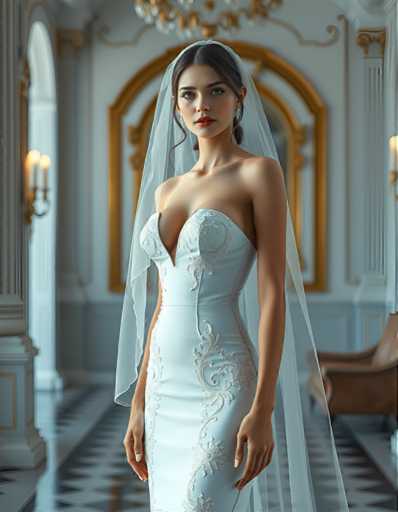A woman is standing in front of a large window with white curtains and gold accents. She is wearing a white strapless gown with a train that flows down the back and a veil on her head. The room has high ceilings and ornate decorations, including a chandelier hanging from the ceiling.