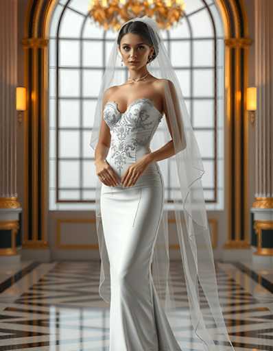 A woman is standing in front of a large window with gold trim and a chandelier hanging from the ceiling. She is wearing a white strapless gown with a train that falls to her knees, and she has a veil on her head. The background features a marble floor and columns, creating an elegant and opulent setting for the woman's presence.