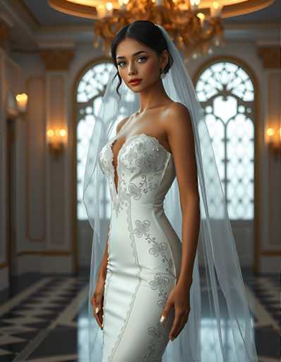 A woman is standing in front of a large window with white curtains and gold accents. She is wearing a white strapless gown with intricate beading on the bodice and a veil that falls over her shoulders. The woman has dark hair styled in an elegant updo.
