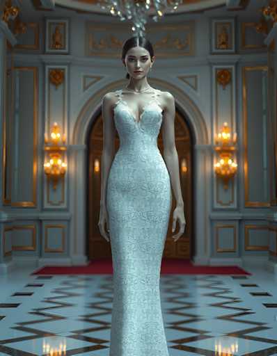 A woman is standing in front of a grand room with a high ceiling and ornate decorations. She is wearing a long white dress that reaches down to her knees, and she has her hair styled in an elegant updo. The room features a chandelier hanging from the ceiling, adding to the opulence of the setting.