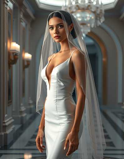 A woman is standing in an opulent room with a high ceiling and large windows that allow natural light to flood the space. She is wearing a white dress with a long train and a veil over her head. The room features a chandelier hanging from the ceiling, adding to the grandeur of the setting.