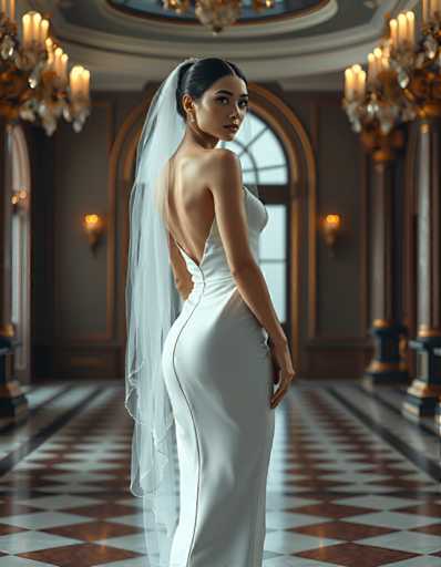 A woman is standing in front of a large window with gold trim and a chandelier hanging from the ceiling. She is wearing a white dress with a veil on her head. The room has marble floors and walls that reflect light, creating an elegant atmosphere.