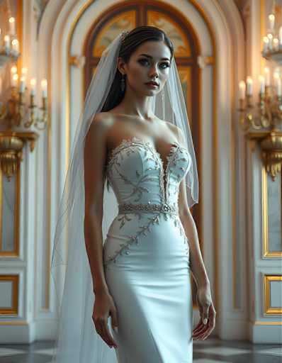 A woman is standing in front of a large archway with gold accents and candles on either side. She is wearing a white strapless gown with intricate beading and a veil that falls over her shoulders. The background features a marble wall adorned with gold accents, creating an opulent atmosphere.