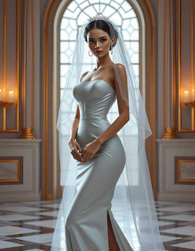 A woman is standing in front of a large window with gold trim and a white curtain. She is wearing a long, flowing white dress that falls to her knees, and she has a tiara on her head. The room around her features ornate decorations, including a chandelier hanging from the ceiling and a painting on the wall behind her.