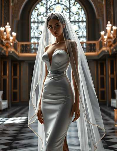 A woman is standing in front of a large window with gold accents and a white veil on her head. She is wearing a white strapless dress that falls just below the knee, and she has her hands clasped together behind her back. The room around her features ornate decorations, including a chandelier hanging from the ceiling and a painting on the wall to her right.