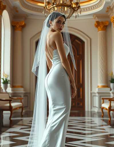 A woman is standing in front of a doorway with her back turned towards the camera. She is wearing a white dress and veil that falls over her shoulders. The room has a high ceiling and columns on either side, giving it an airy feel. There are two chairs visible in the background, one near the left wall and another further to the right.