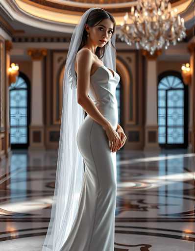 A woman is standing in an opulent room with a chandelier hanging from the ceiling and large windows on either side of her. She is wearing a white strapless gown that falls to just below her knees, and she has long hair cascading down her back. The woman's pose suggests she is posing for the camera, and there are no other discernible objects or people in the image.