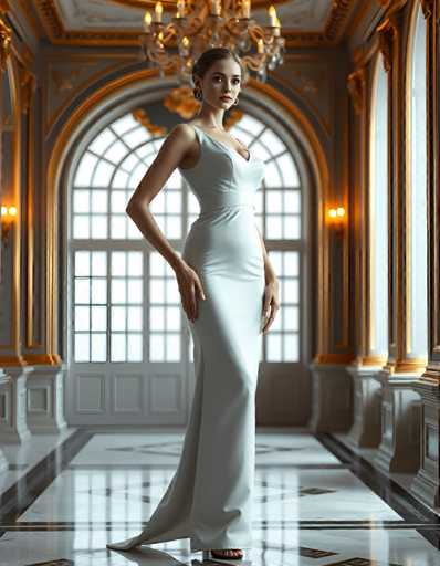 A woman is standing in front of a large window with gold trim and a chandelier hanging from the ceiling. She is wearing a long white dress that falls down to her knees. The room has high ceilings and ornate decorations, creating an elegant atmosphere.