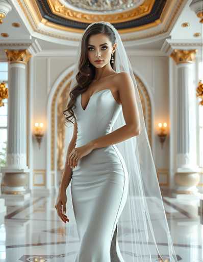 A woman is standing in an opulent room with a high ceiling and gold accents. She is wearing a white strapless gown that falls just below her knees, and a veil on her head. The room features a large window draped with gold curtains, allowing natural light to illuminate the space. A chandelier hangs from the ceiling, casting a warm glow throughout the room.