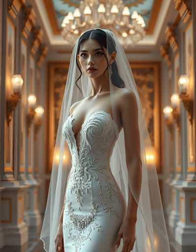 A woman is standing in front of a large chandelier and ornate columns, wearing a white wedding dress with intricate embroidery on the bodice and veil.