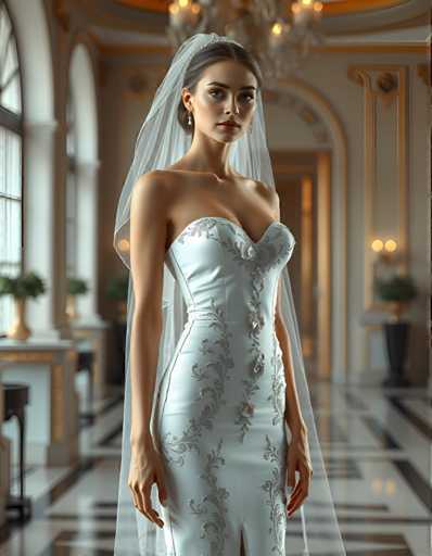 A woman is standing in front of a mirror wearing a white strapless wedding dress with a high neckline and a veil. The room has a large window that allows natural light to illuminate the space, creating an elegant atmosphere. A chandelier hangs from the ceiling, adding to the grandeur of the setting.