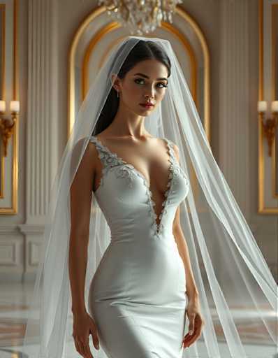 A woman is standing in front of a large archway with gold accents and a chandelier hanging from the ceiling. She is wearing a white dress with a train that flows down to her feet, and she has long hair cascading down her back. The background features a beige wall adorned with gold accents, creating an elegant and sophisticated atmosphere.