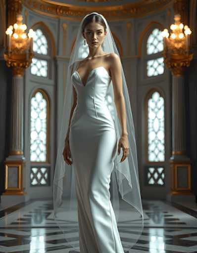 A woman is standing in front of a large window with gold accents and a white curtain. She is wearing a long white dress that falls down to her knees, and she has a veil on her head. The background features a marble floor and columns, creating an elegant and grand atmosphere.