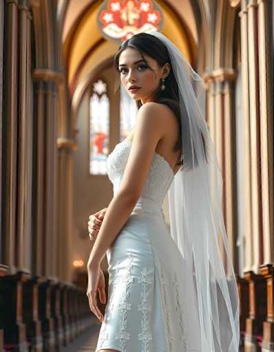 A woman is standing in front of a large stained glass window in a church. She is wearing a white dress with lace detailing and a veil on her head. The background features wooden pews lining the aisle.