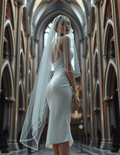 A woman is standing in front of a large archway with a white veil covering her face and a white dress on her body. The archway has multiple arches and columns, creating an impression of grandeur and history.