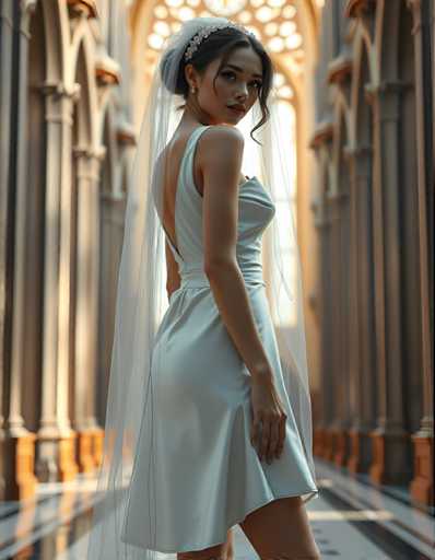 A woman is standing in front of a large window with white curtains and a gold frame. She is wearing a white dress that falls down to her knees, and she has a veil on her head. The background features stone columns and arches, giving the scene an old-world charm.