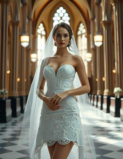 A woman is standing in front of a large window with arched openings and wearing a white dress with lace detailing on the bodice and skirt. She has her hands clasped together behind her head and is looking directly at the camera.