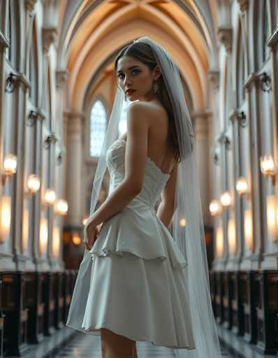 A woman is standing in front of a large window with white curtains and a high archway, wearing a white wedding dress with a veil that falls over her shoulders. The background features the interior design of a church, including pews lining the aisle and a chandelier hanging from the ceiling.