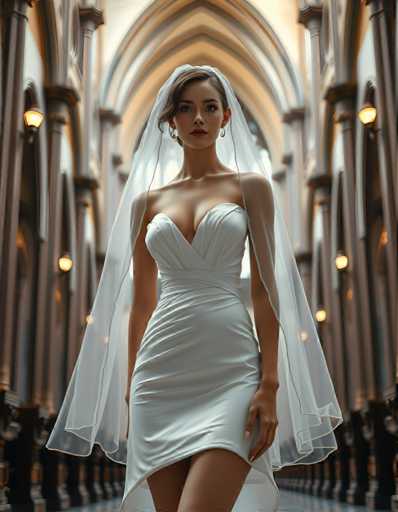 A woman is standing in front of a large archway with a white veil and dress on her head. She has blonde hair styled in an elegant updo and is wearing earrings that catch the light. The background features a stone wall adorned with several lights, creating a warm and inviting atmosphere.