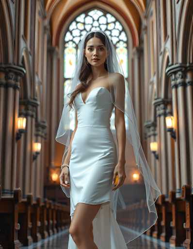 A woman is standing in front of a large window with arched openings and a stained glass design on the wall behind her. She is wearing a white dress that falls just below her knees, and a veil covering her hair. The woman has long brown hair and is holding a small object in her hand.