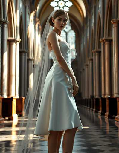 A woman is standing in front of a large window with arched columns and stained glass, wearing a white wedding dress that falls just below her knees. She has her hair styled in an elegant updo and is looking directly at the camera.