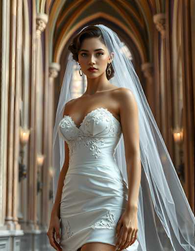 A woman is standing in front of a large archway with her back facing the camera and her hands resting on her hips. She is wearing a white strapless wedding dress with intricate lace detailing and a veil that falls over her shoulders. The archway behind her has a gold-colored stone design, adding an elegant touch to the scene.