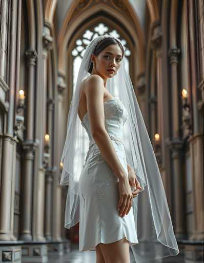 A woman is standing in front of a large window with white curtains and a gold frame. She is wearing a white strapless wedding dress that has a veil on her head. The woman's hands are placed behind her back as she gazes off to the side.