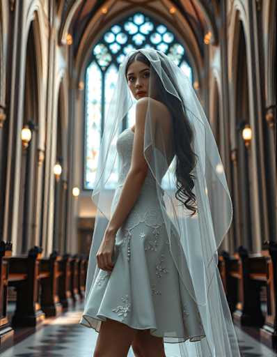 A woman is standing in front of a large stained glass window in a church. She is wearing a white dress with lace detailing and a veil that covers her face. The background features the interior design of the church, including wooden pews lining the aisle.